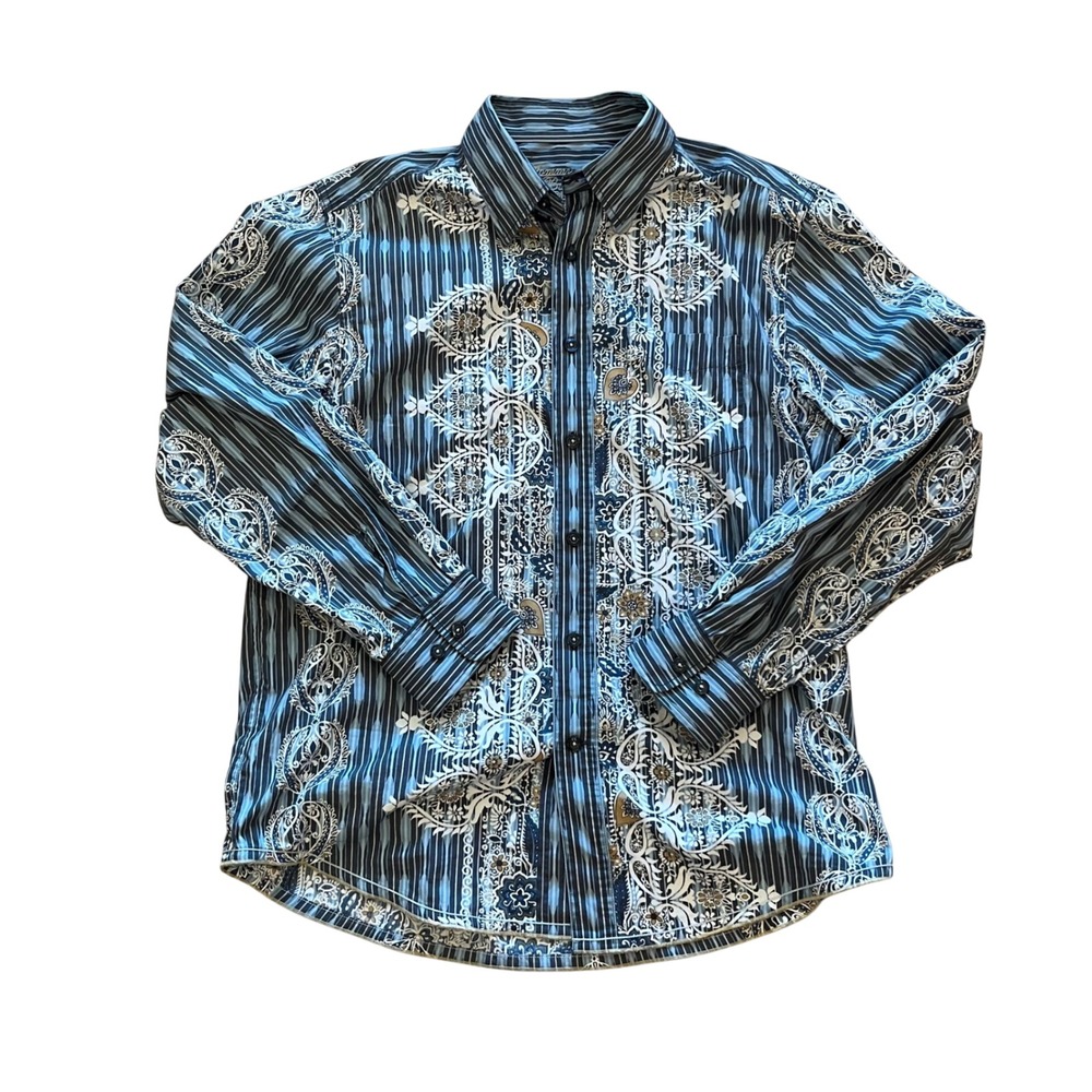 Tommy Bahama Denim Mens Large Blue Striped Paisley Long Sleeve Button Down Shirt